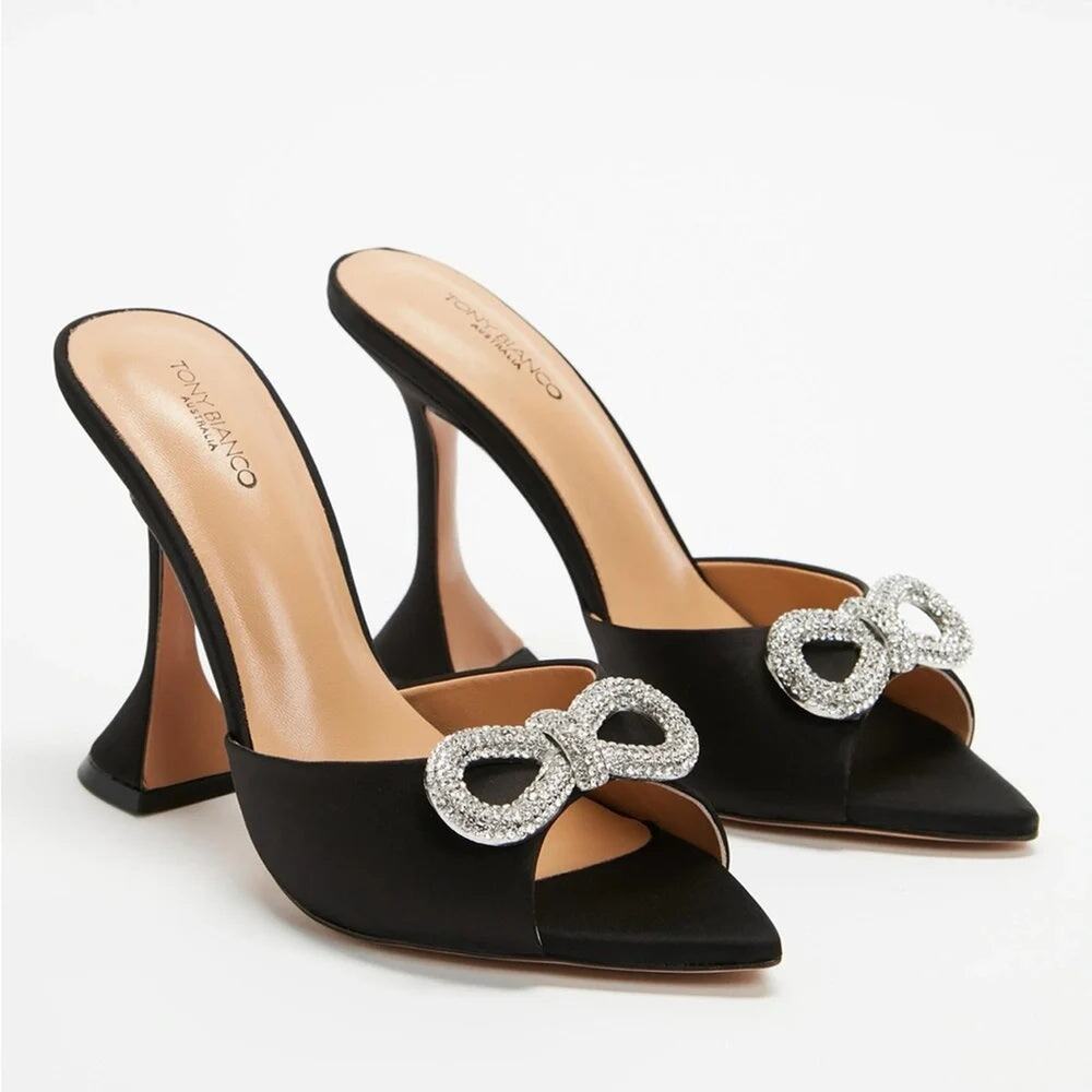 Tony Bianco Satin Rhinestone Bow Slip On Peep Toe Heeled Mules Black Women's 8.5